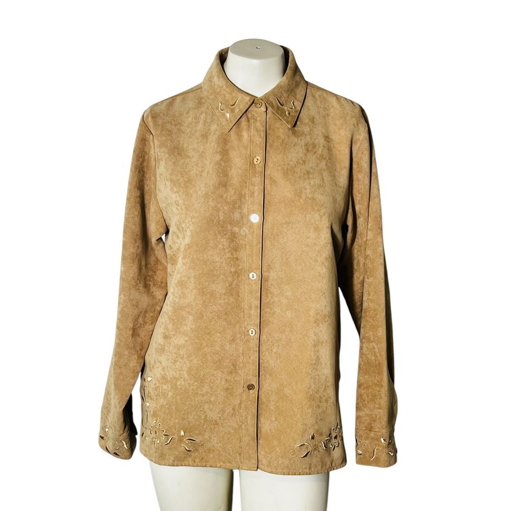 Relativity Tan Suede Feel Button Front Shirt Embroidered Long Sleeve Collared M